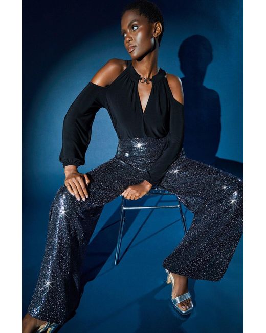 Roman Blue Wide Leg Sequin Stretch Trousers