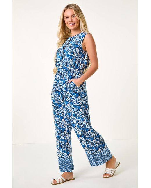 Roman Petite Blue Floral Border Print Jumpsuit
