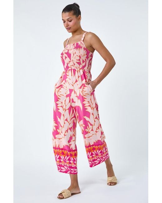 Roman Pink Floral Border Print Crop Stretch Jumpsuit