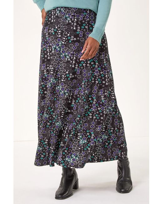 Roman Black Ditsy Floral Print Stretch Midi Skirt