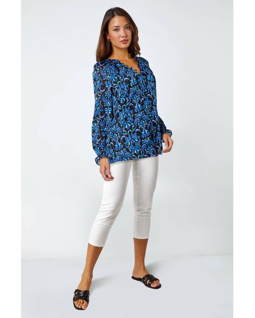 Roman Blue Metallic Print V-Neck Chiffon Blouse