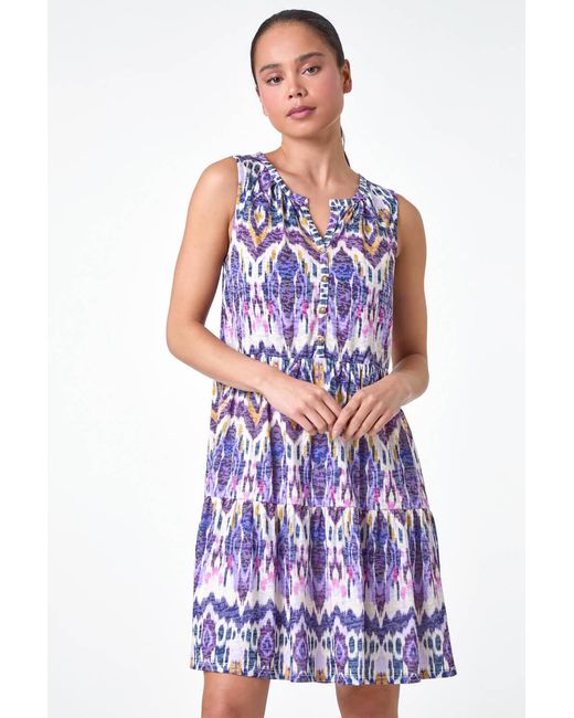 Roman Petite Blue Aztec Print Button Front Dress