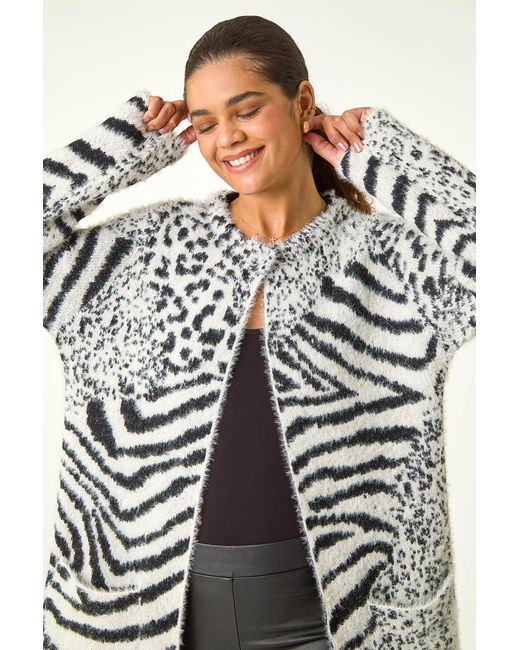 Roman Black Abstract Animal Print Fluffy Cardigan