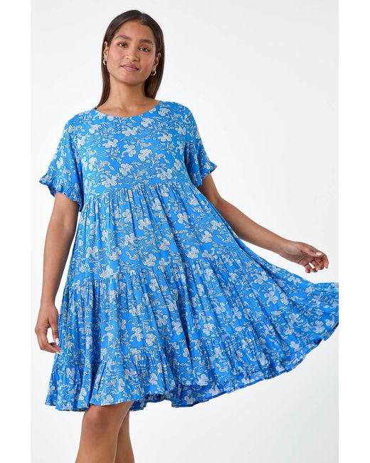 Roman Blue Ditsy Floral Print Tiered Smock Dress