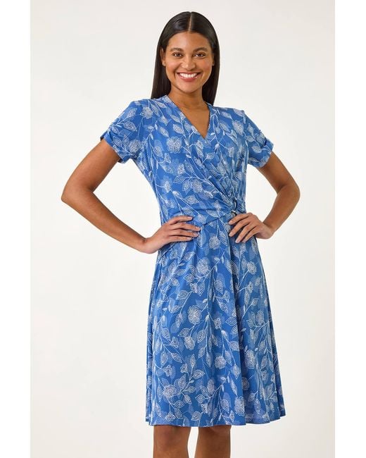 Roman Blue Floral Print Ring Detail Midi Dress