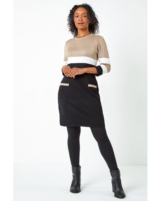 Roman Petite Black Stripe Print Pocket Jumper Dress