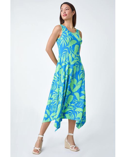 Roman Blue Tropical Print Pleated Maxi Stretch Dress