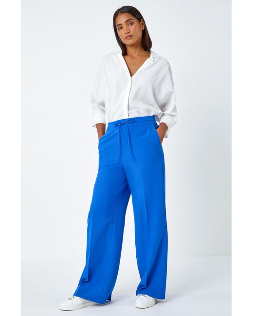 Roman Blue Wide Leg Elastic Waist Tie Front Trouser