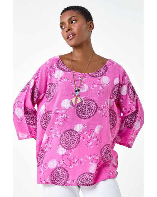 Roman Pink Floral Embroidered Cotton Top With Necklace