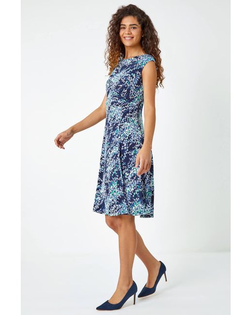 Roman Blue Textured Floral Print Ruched Dress