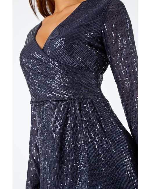 Roman Blue Sequin Wrap Stretch Maxi Dress