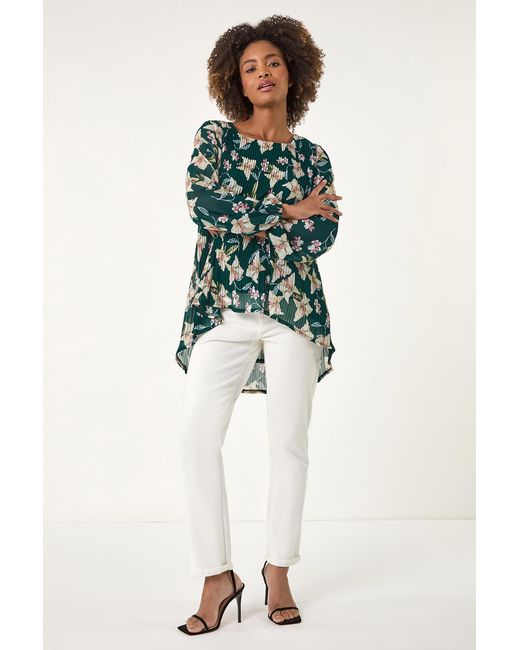 Roman Green Floral Print Pleated Tunic Top