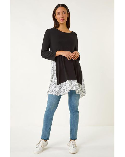 Roman Black Polka Dot Side Split Tunic Top