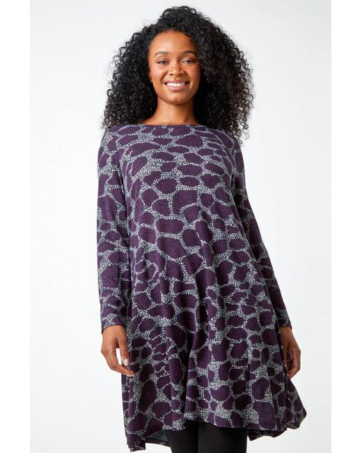 Roman Purple Petite Leopard Print Swing Stretch Dress