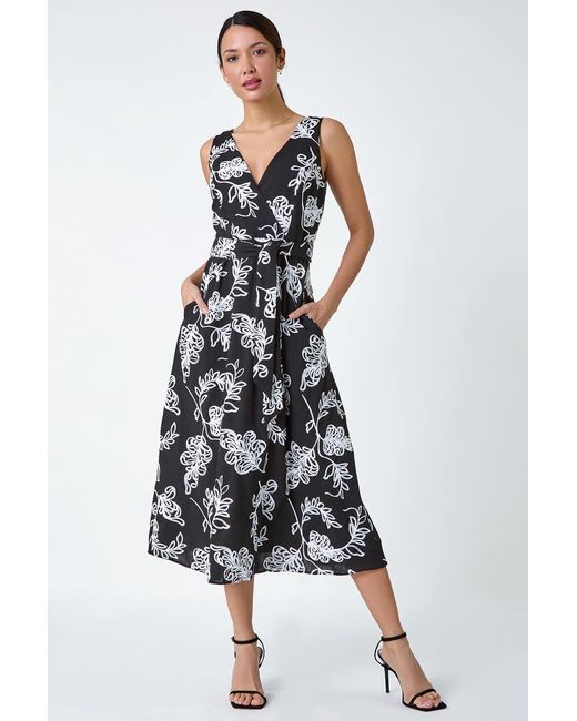 Roman Black Floral Embroidered Cotton Blend Dress