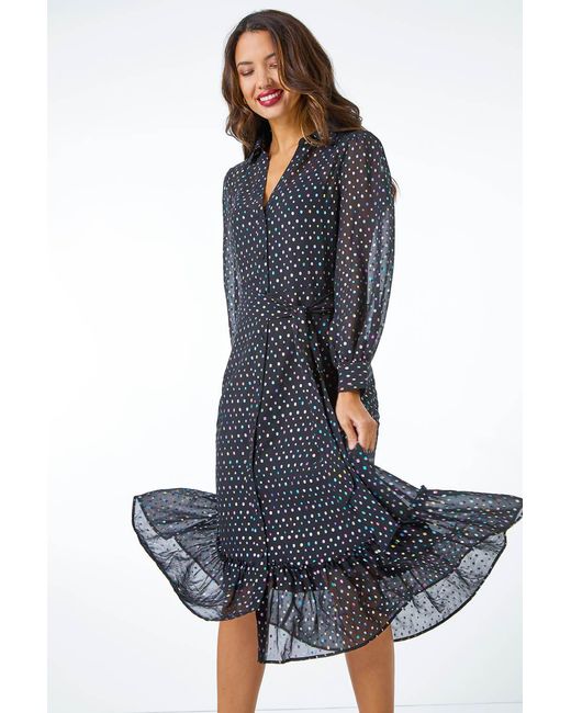 Roman Blue Metallic Spot Midi Shirt Dress