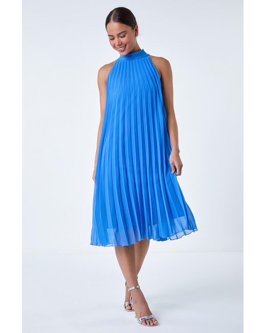 Roman Blue Originals Petite Halter Neck Pleated Chiffon Dress