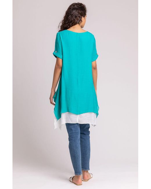 Roman Blue Dragonfly Print Asymmetric Tunic Top