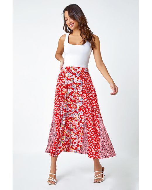 Roman Red Ditsy Floral Print A Line Midi Skirt