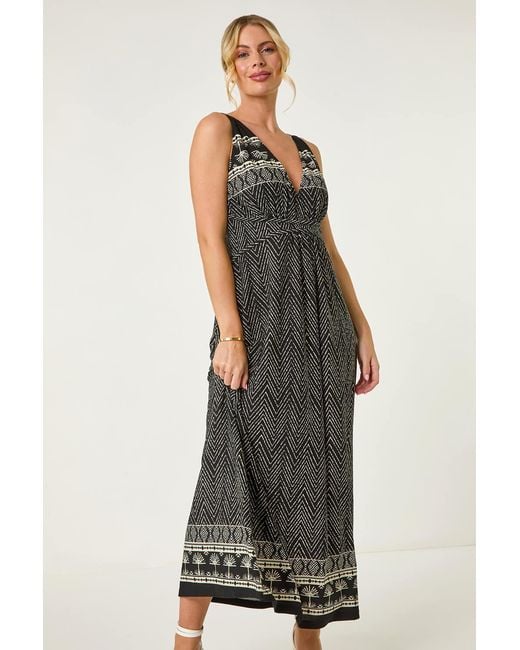 Roman Petite Black Palm Print Border Maxi Dress