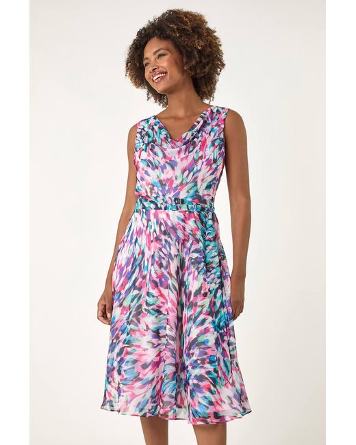 Roman Purple Abstract Print Chiffon Cowl Neck Dress