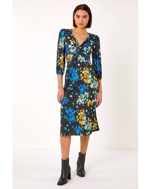 Roman Blue Twist Detail Floral Midi Dress