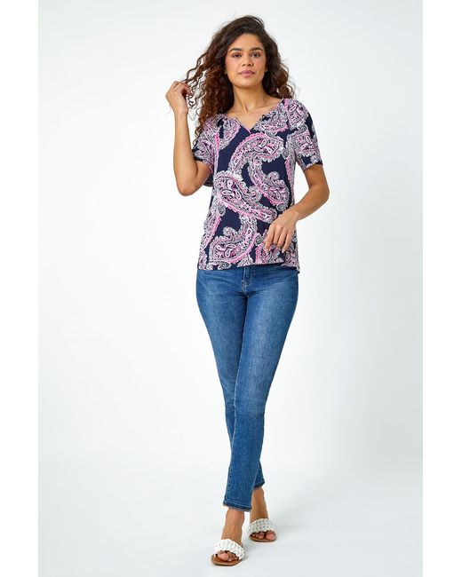Roman White Textured Paisley Print Stretch T-Shirt