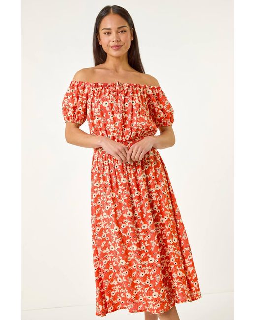 Roman Petite Red Ditsy Bardot Midi Dress