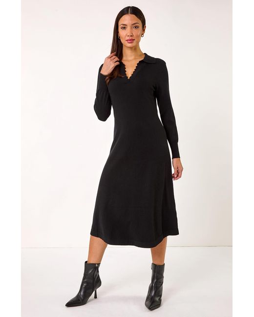 Roman Black Scallop Detail Knitted Midi Dress