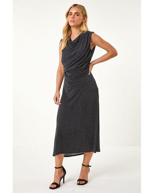 Roman Petite Black Sparkle Stretch Drape Dress