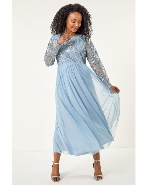 Roman Petite Blue Embellished Mesh Dress