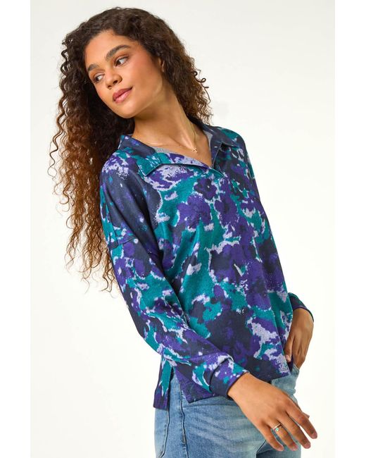 Roman Blue Abstract Print V-Neck Collar Top