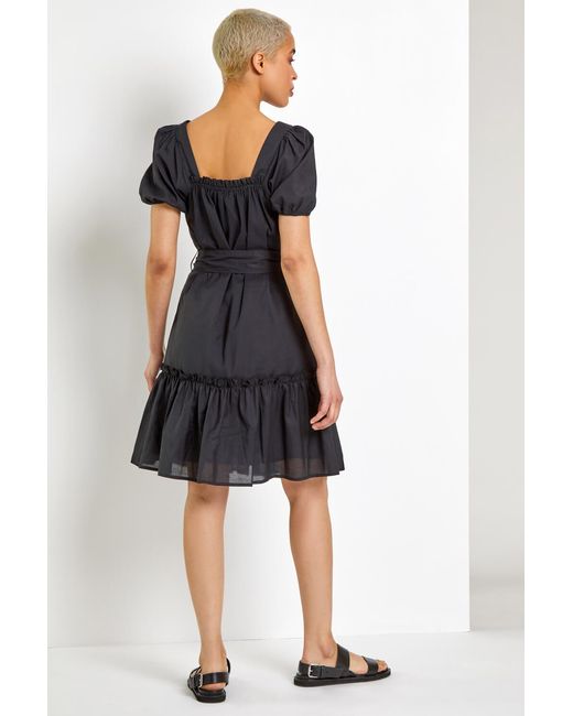 D.u.s.k Black Puff Sleeve Tiered Square Neck Dress