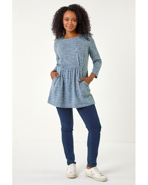Roman Petite Blue Brushed Knit Pocket Detail Top