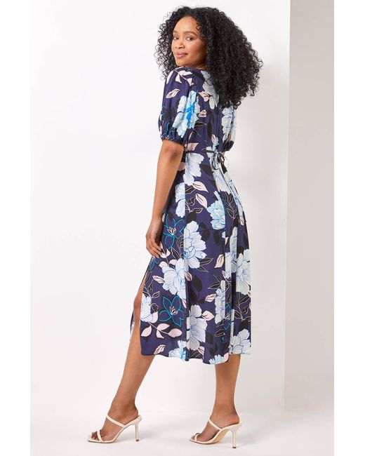 Roman Petite Blue Floral Print Puff Sleeve Midi Dress