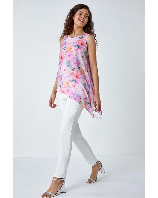 Roman White Floral Asymmetric Top