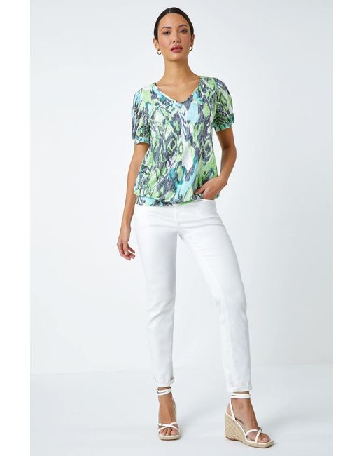 Roman Blue Animal Burnout Print V-Neck Blouson Top