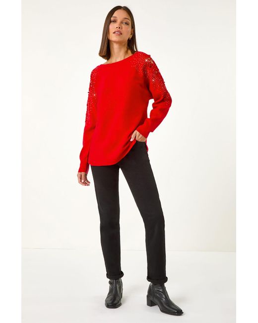 Roman Red Diamante Sleeve Knit Jumper