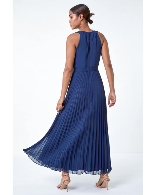 Roman Blue Pleated Halter Neck Maxi Dress