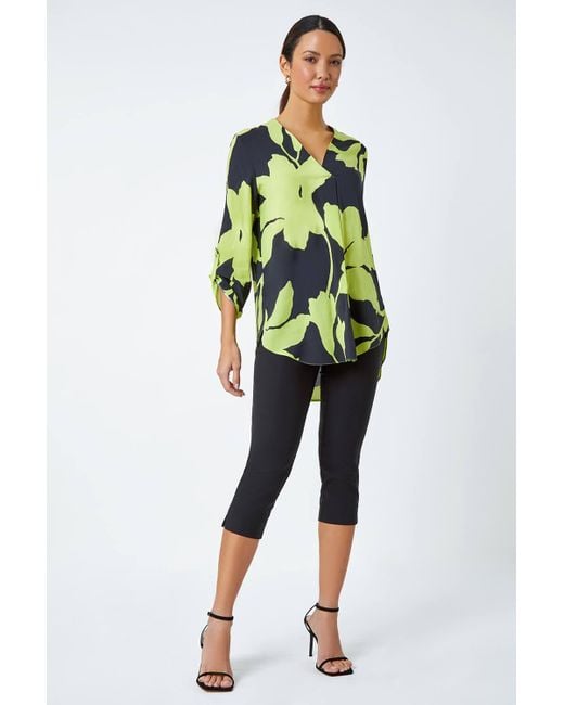 Roman Green Bold Floral Print Pleat Front Top