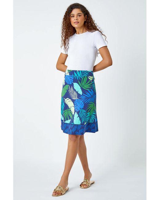 Roman Blue A-line Palm Leaf Border Stretch Skirt
