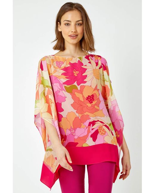 Roman Red Floral Print Cold Shoulder Chiffon Top