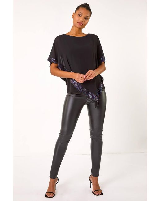 Roman Black Sequin Hem Overlay Stretch Top