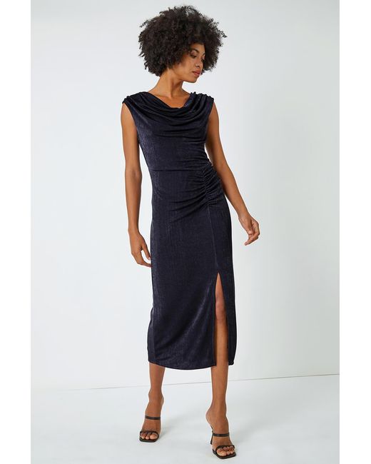 Roman Blue Cowl Neck Ruched Midi Dress