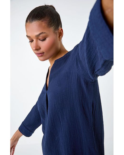 Roman Blue V-Neck Pleat Detail Cotton Top