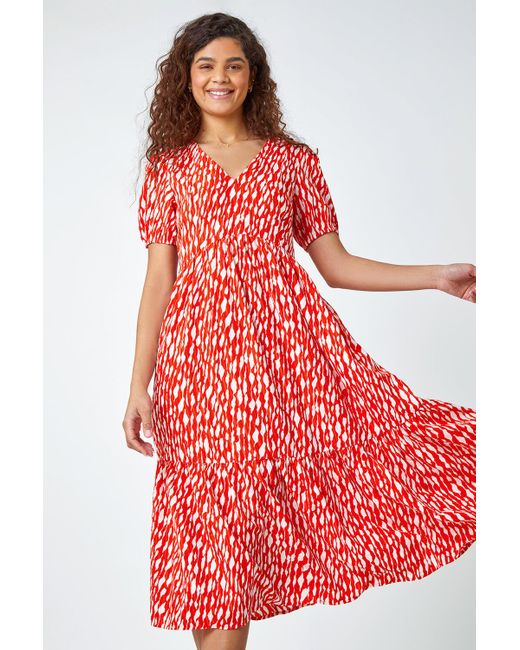Roman Red Abstract Frill Hem Midi Dress