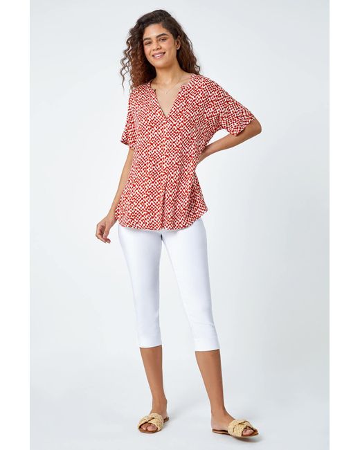Roman Red Abstract Spot Print Woven Top