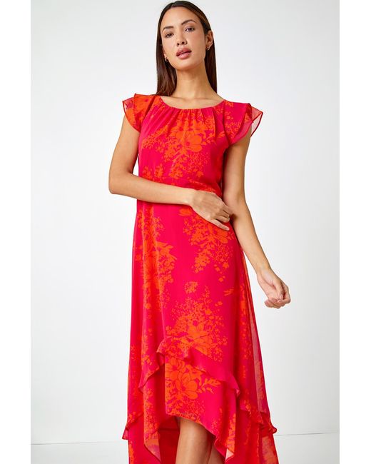 Roman Red Floral Frill Chiffon Asymmetric Midi Dress