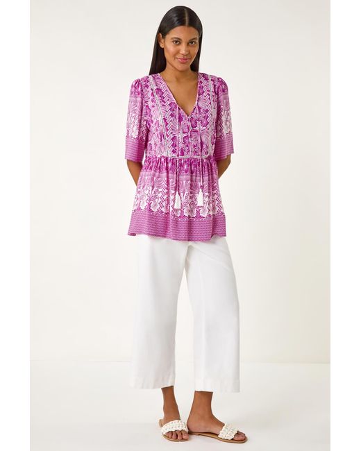 Roman Pink Abstract Print Tassel Top