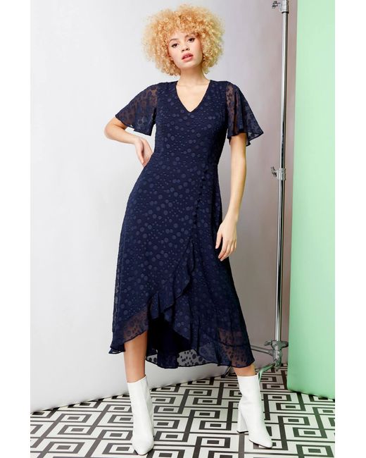 Roman Blue Spot Chiffon Frill Asymmetric Midi Dress
